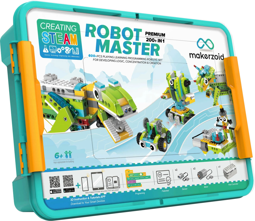 K8673 Makerzoid Robot Master Premium 200 In 1 Set Set is equipped with 47 robotics courses for kids to learn how to build, control and code at home while playing with this toy set.